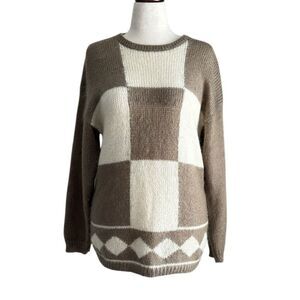 VTG Designers Originals Women’s L Mohair Blend Sweater Brown Beige Block Plaid